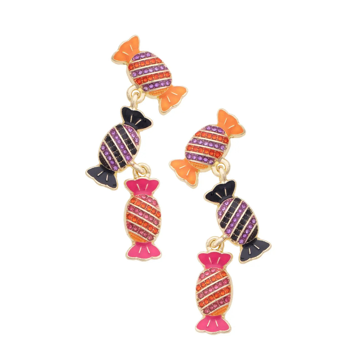 Canvas style drop earrings with 3 pieces of wrapped candy in orange, black and pink with purple, orange, pink and black pave stones.