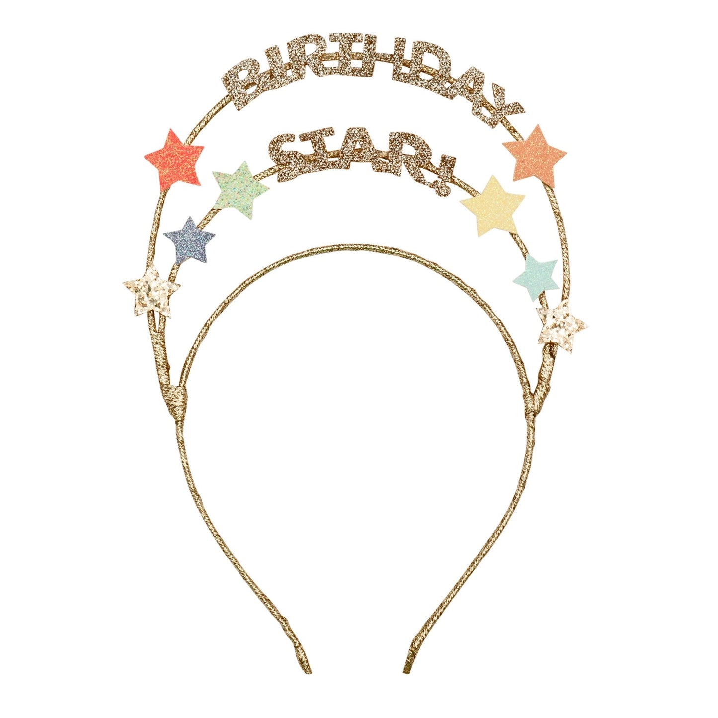 Gold headband with 'Birthday Star' text and colorful stars 