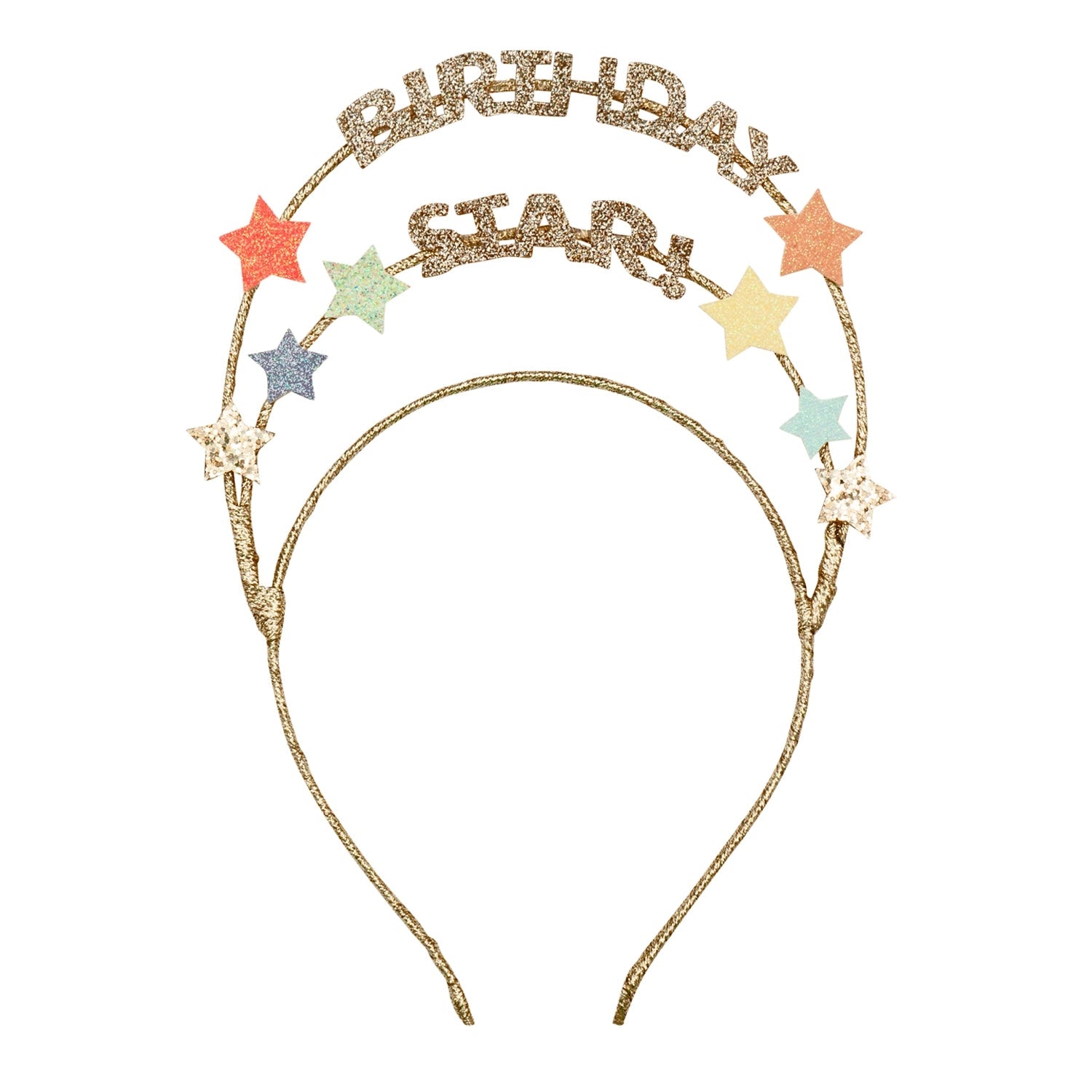 Gold headband with 'Birthday Star' text and colorful stars 