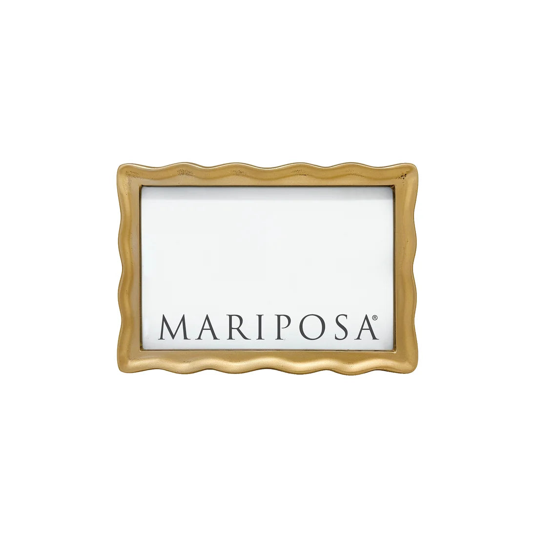 A rectangular picture frame with a wavy scalloped gold border, featuring a blank white insert with the brand name 'MARIPOSA' printed in black at the bottom.