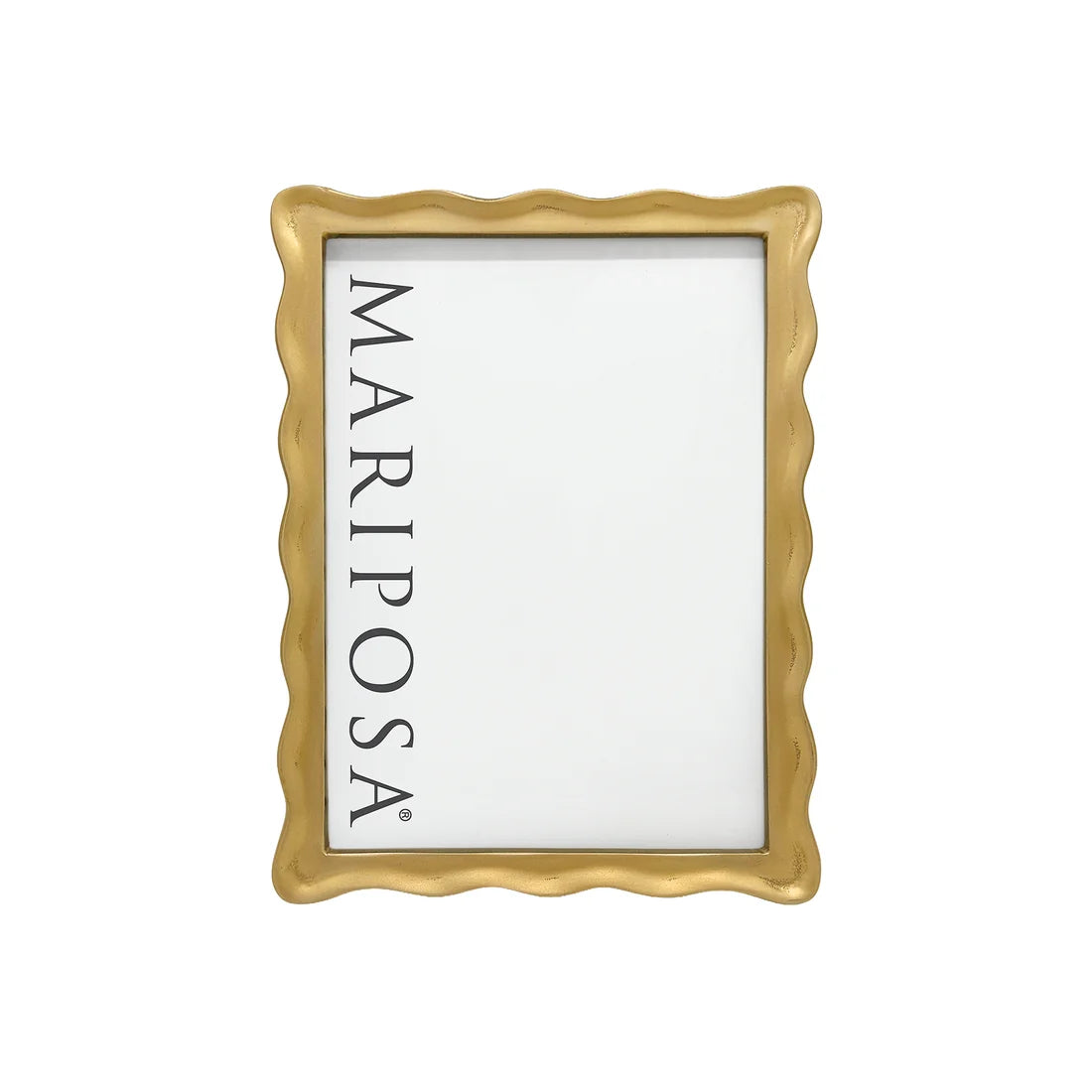 A rectangular picture frame with a wavy scalloped gold border, featuring the brand name 'MARIPOSA' printed vertically in black on the white insert, shown against a plain white background.