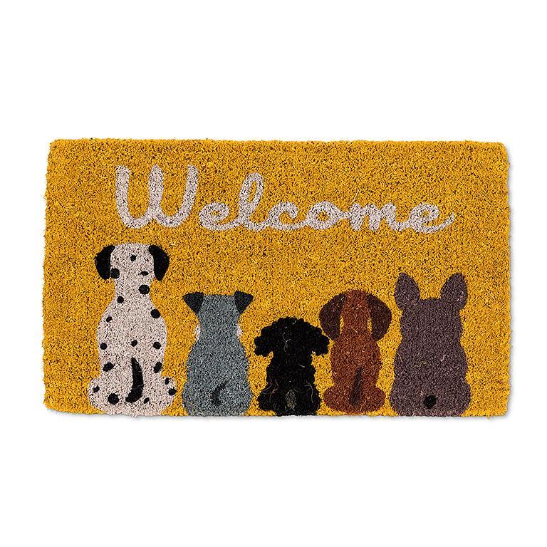 yellow coir doormat with a line of 5 dogs in various breeds and the word Welcome above them