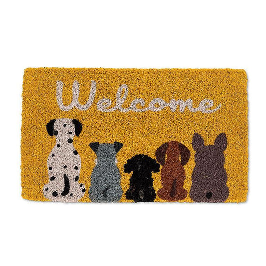 yellow coir doormat with a line of 5 dogs in various breeds and the word Welcome above them