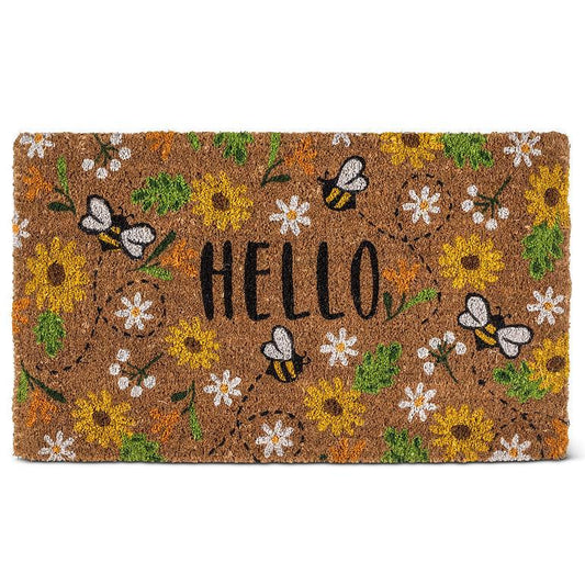 coir doormat featuring daisies and bees and the greeting "welcome" in the middle
