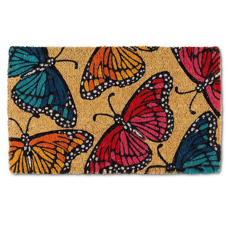 coir doormat featuring multicolored monarch butterflies