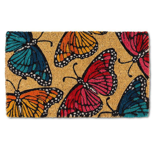 coir doormat featuring multicolored monarch butterflies