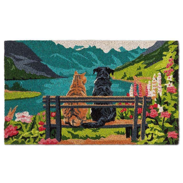 coir doormat with a cat and dog sitting on a bench looking at a view of a lake and mountains