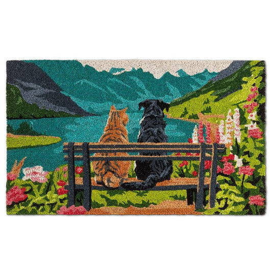 coir doormat with a cat and dog sitting on a bench looking at a view of a lake and mountains
