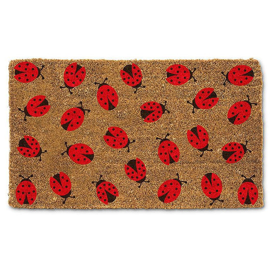 coir doormat with an allover ladybug design