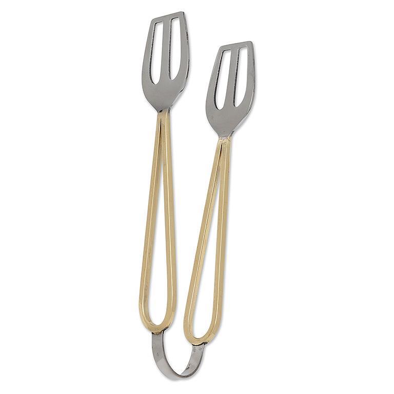 A pair of loop-handled all-purpose tongs made of brass and stainless steel with a minimalist design.