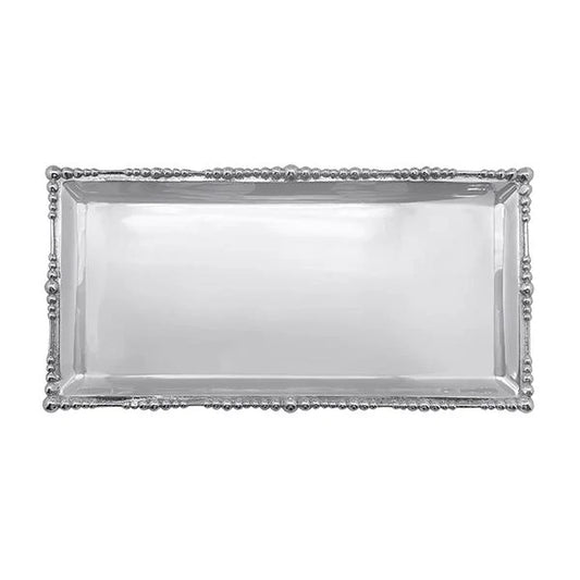 Silver rectangular tray with a pearled edge made from recycled aluminum.