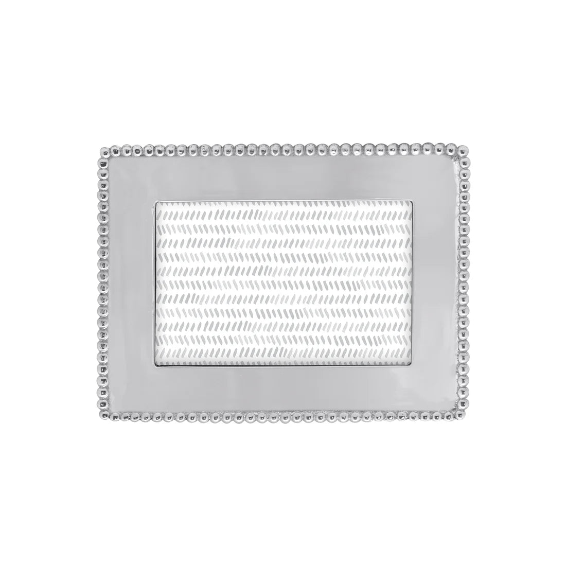 A silver metal 4x6 picture frame with a beaded border design.