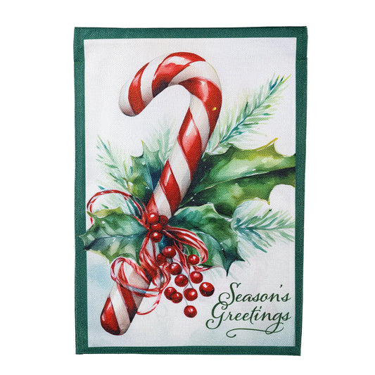 Seasons Greetings Candy Cane Burlap Garden Flag