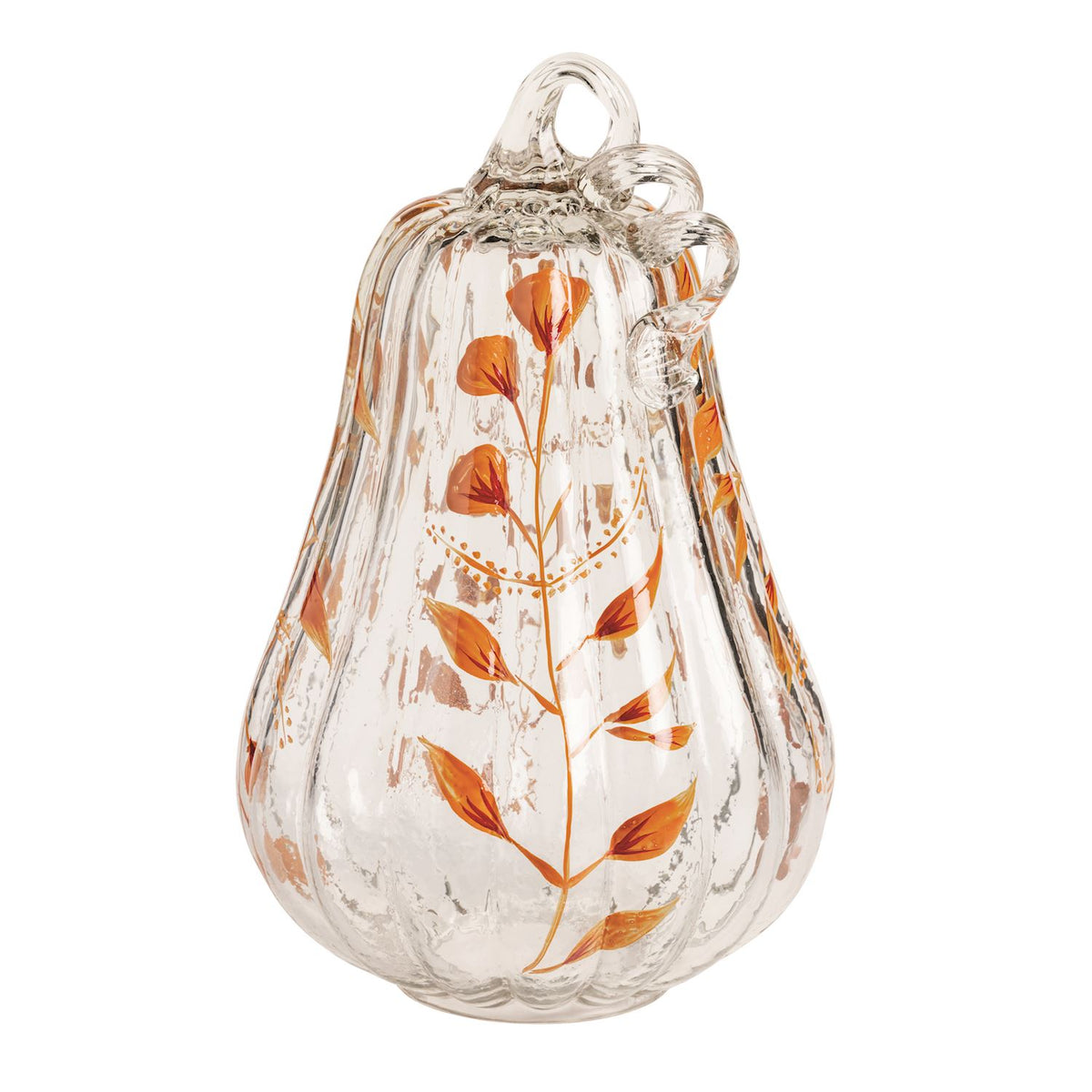 Clear glass pumpkin with orange leaf design on a white background