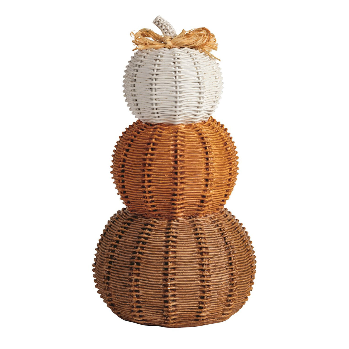 A decorative stacked gourd decoration with three vertically aligned oval shapes in natural brown wicker/rattan, topped with a white wicker pumpkin and a tan raffia stem and bow, on a plain white background.