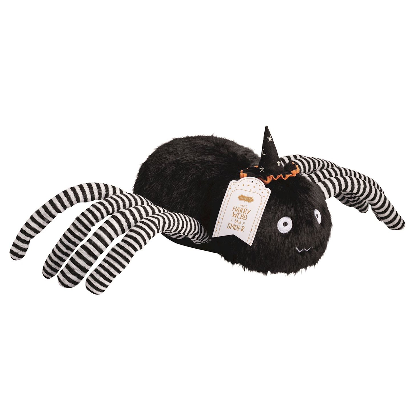 large plush spider with black and white striped les and a Halloween hat