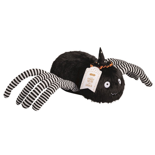 large plush spider with black and white striped les and a Halloween hat