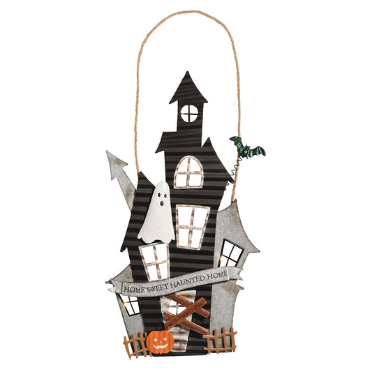 a LED Halloween-themed metal house decoration with ghosts and pumpkins and the phrase "home Sweet Haunted Home" on a pendant.
