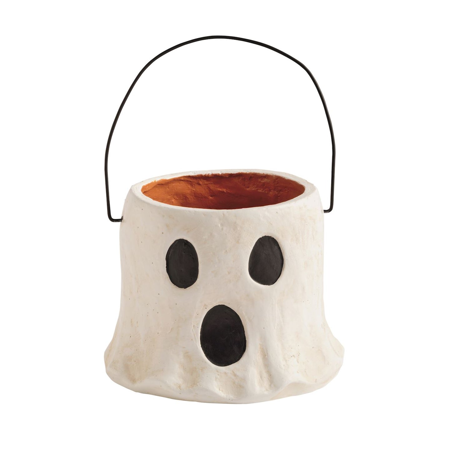 white paper-mache treat bucket with a ghost face on the front