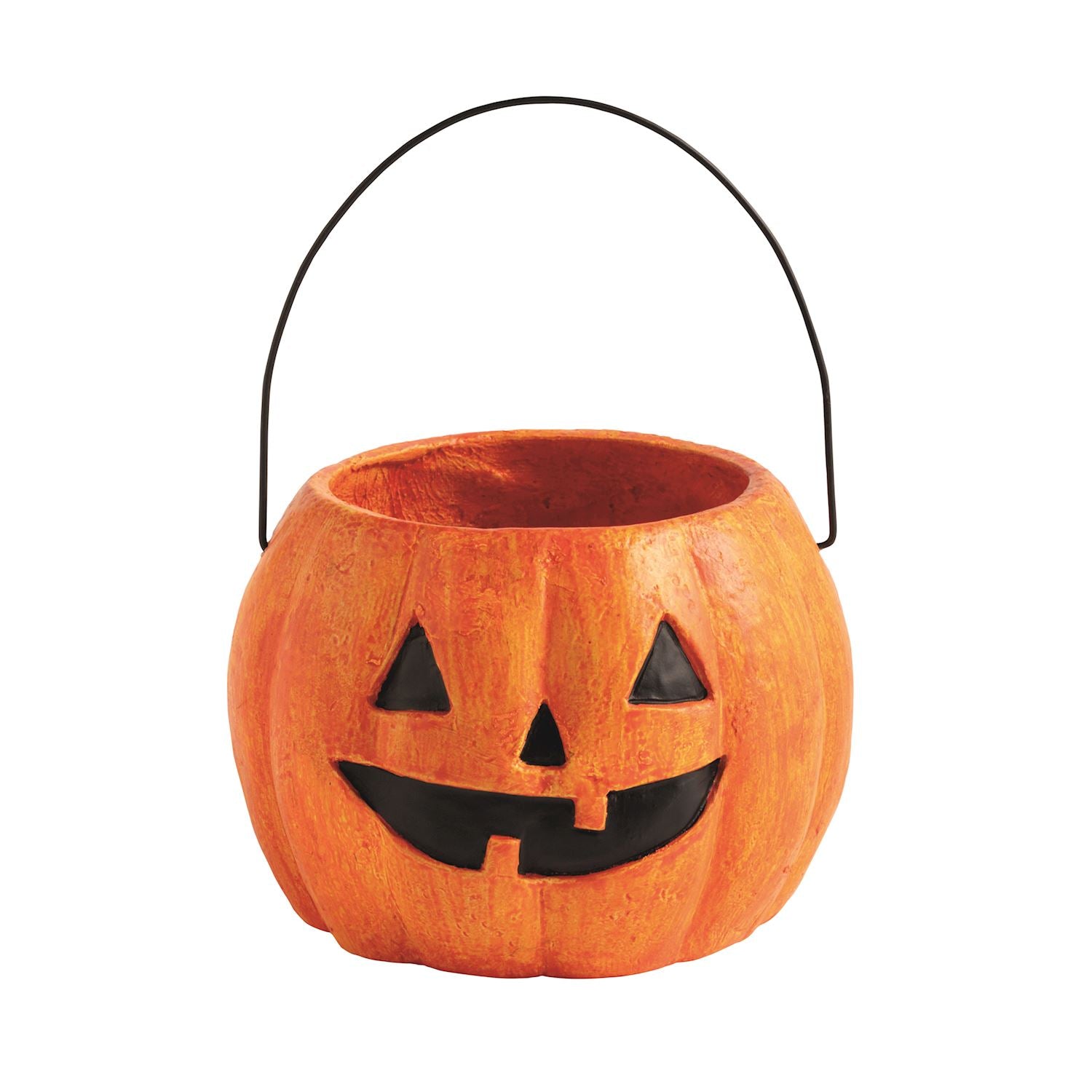Halloween paper-mache pumpkin bucket with a face design and a black handle