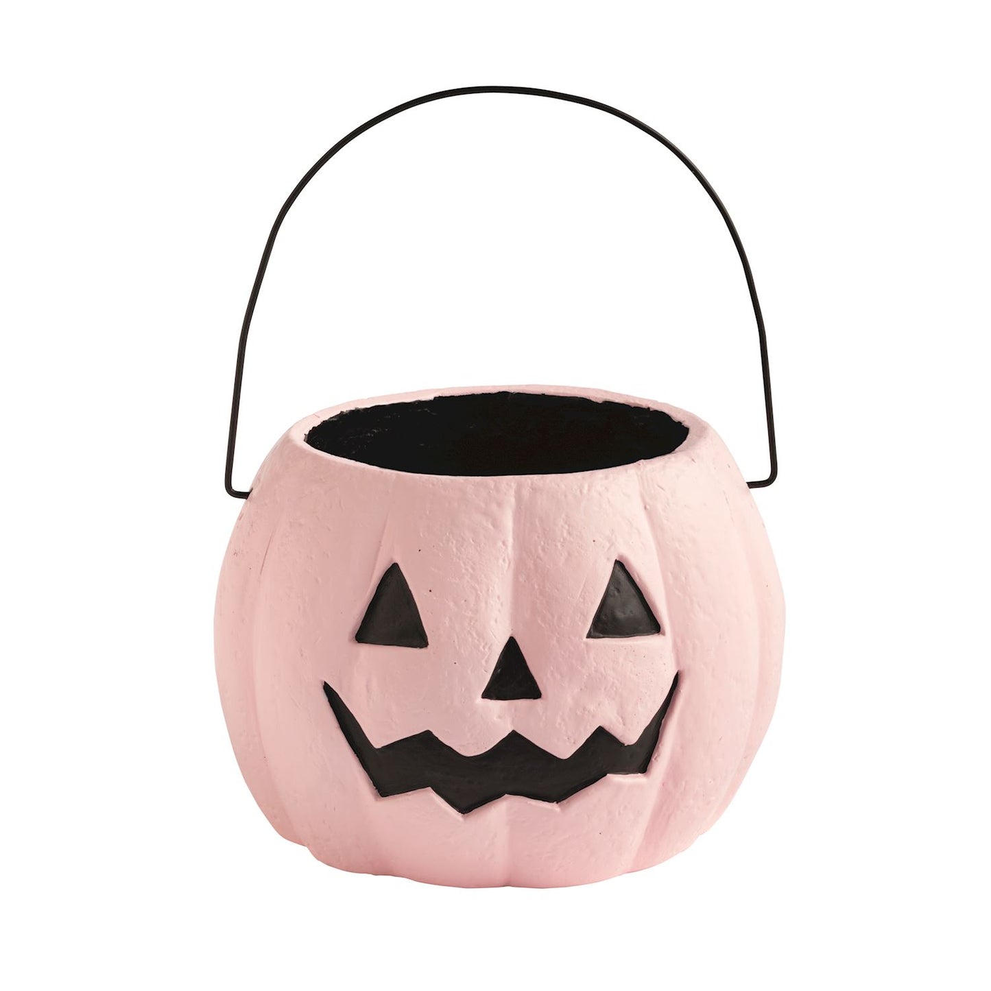 Pink pumpkin-shaped candy bucket made of paper-mache with black handle 
