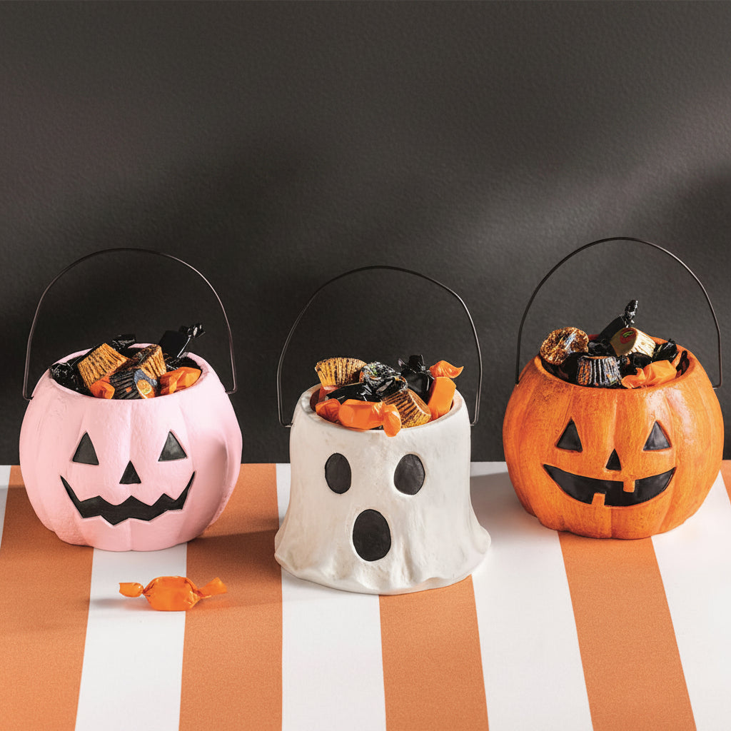 Three Halloween-themed candy buckets on a striped background
