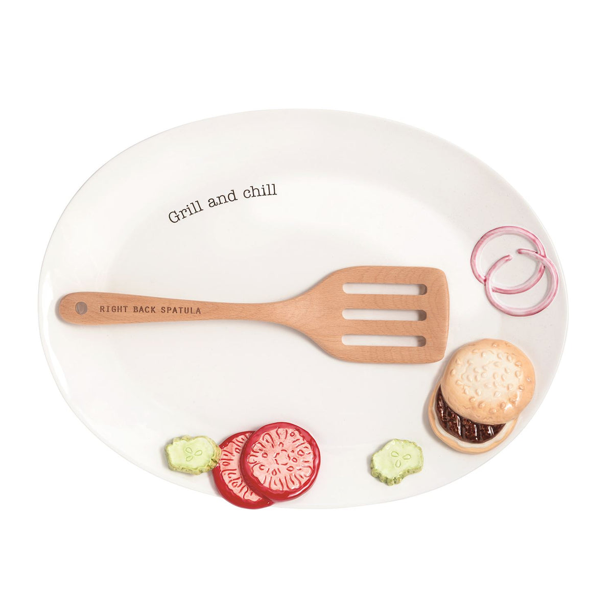 White ceramic plate and wooden spatula set featuring 3-dimensional sliced vegetables and a burger 