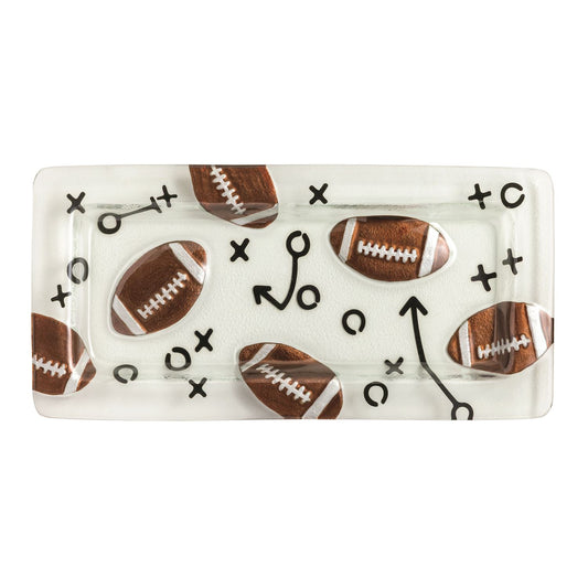 Rectangular glass tray with footballs and game plan designs 