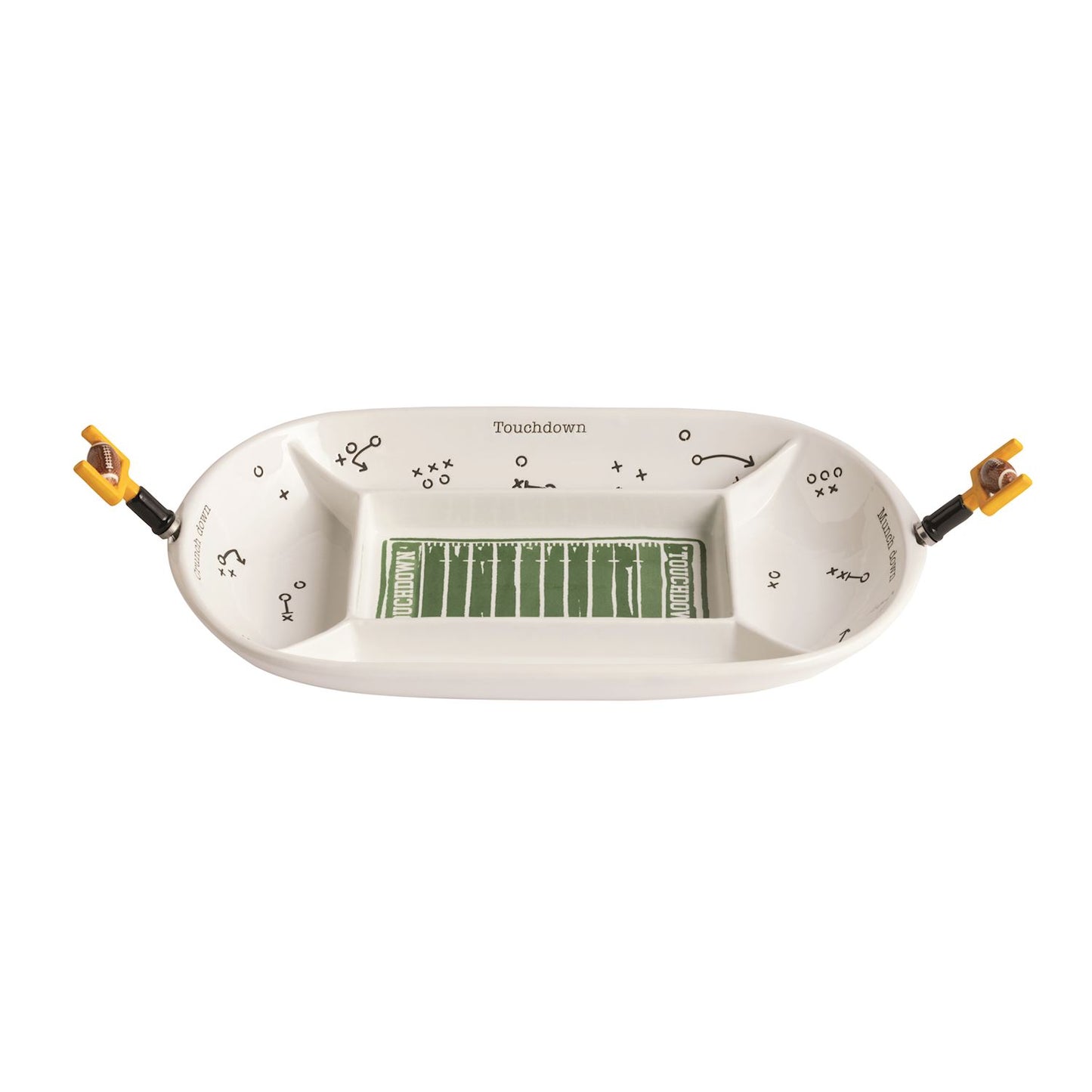 A divided snack platter made to look like a football field with football plays graphics and 2 spreaders that look like a goal post