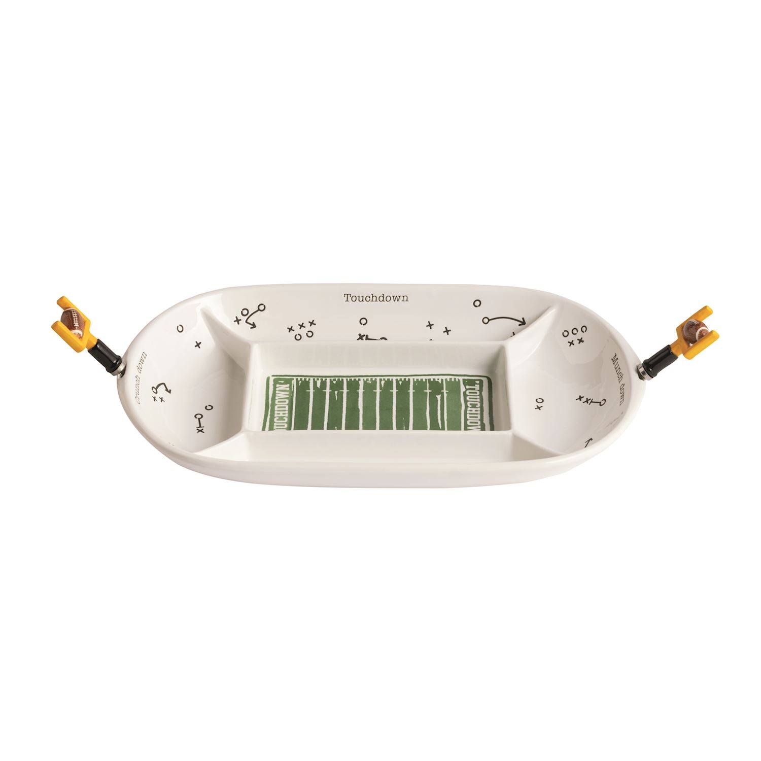 A divided snack platter made to look like a football field with football plays graphics and 2 spreaders that look like a goal post