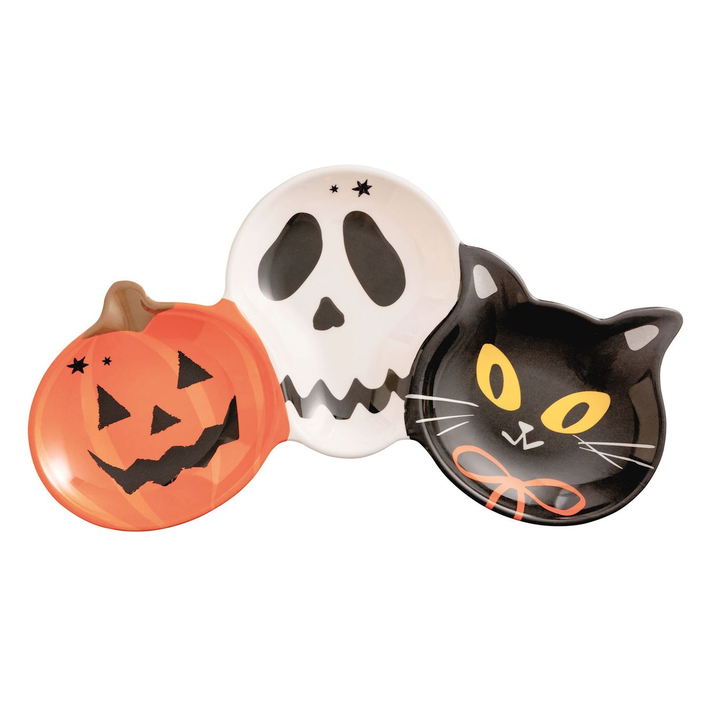 melamine triple tray shaped like a pumpkin, skull, and cat 