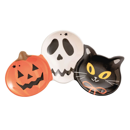 melamine triple tray shaped like a pumpkin, skull, and cat 