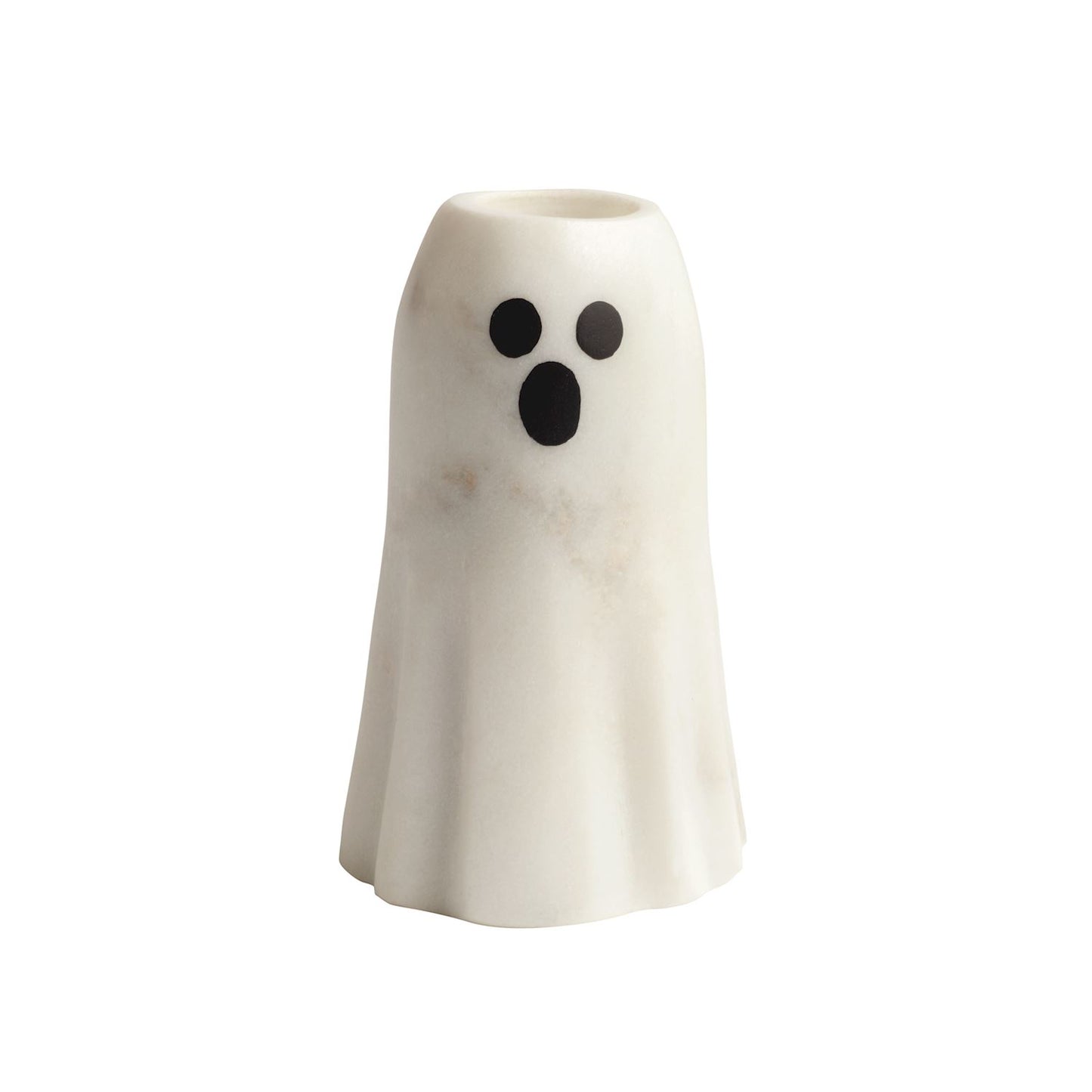 White ghost-shaped candleholder with black eyes and mouth on a white background