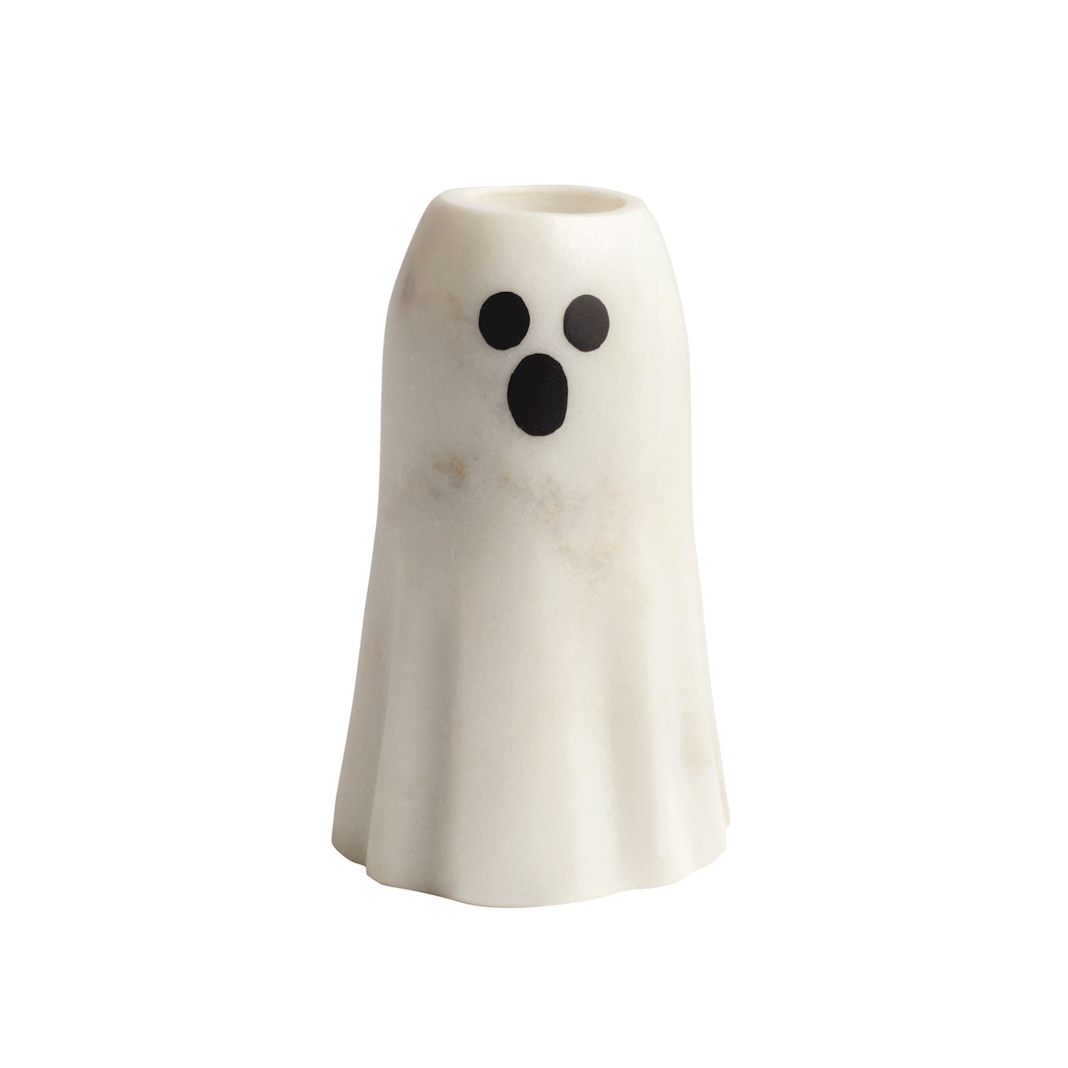 White ghost-shaped candleholder with black eyes and mouth on a white background