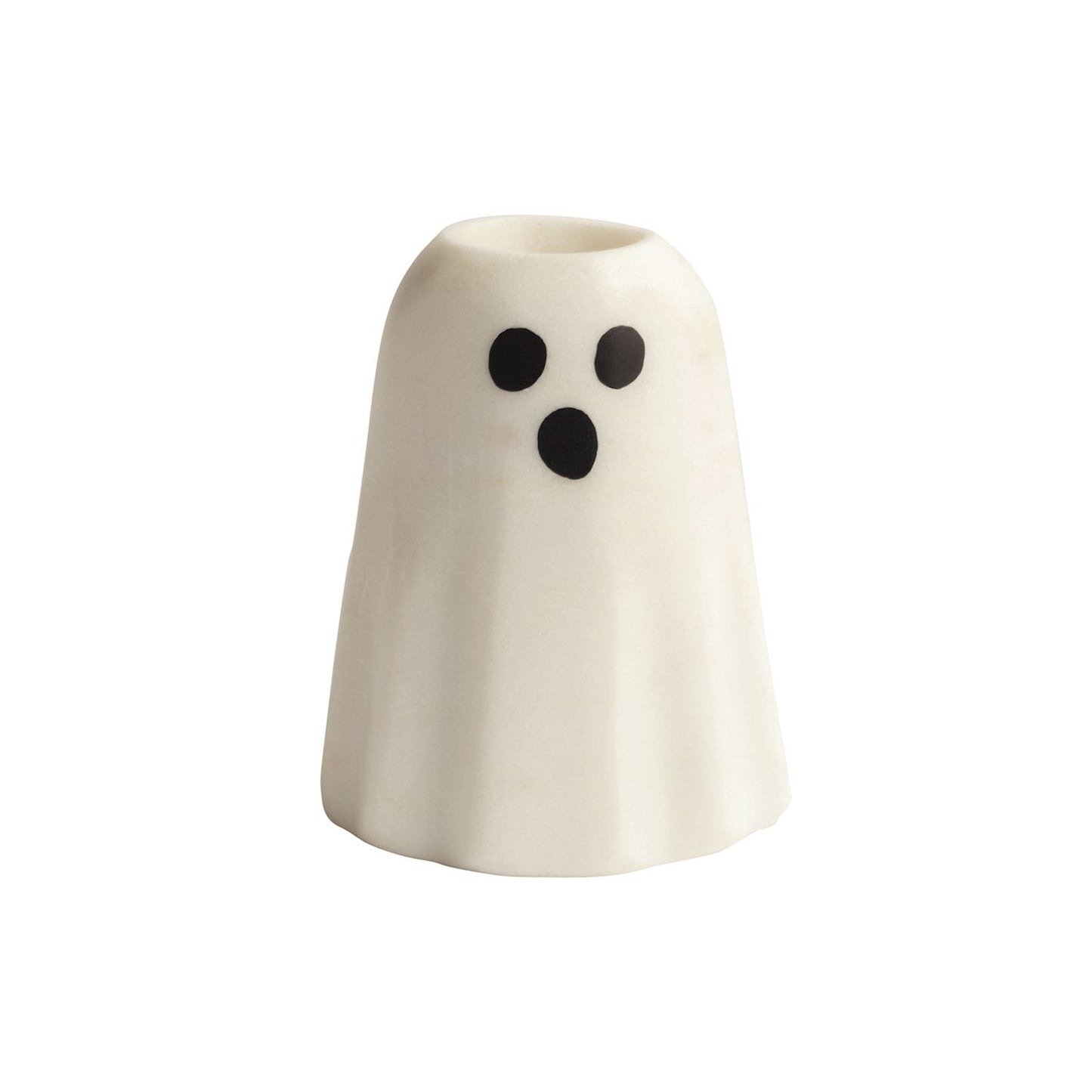 White ghost-shaped candle holder with black eyes on a white background