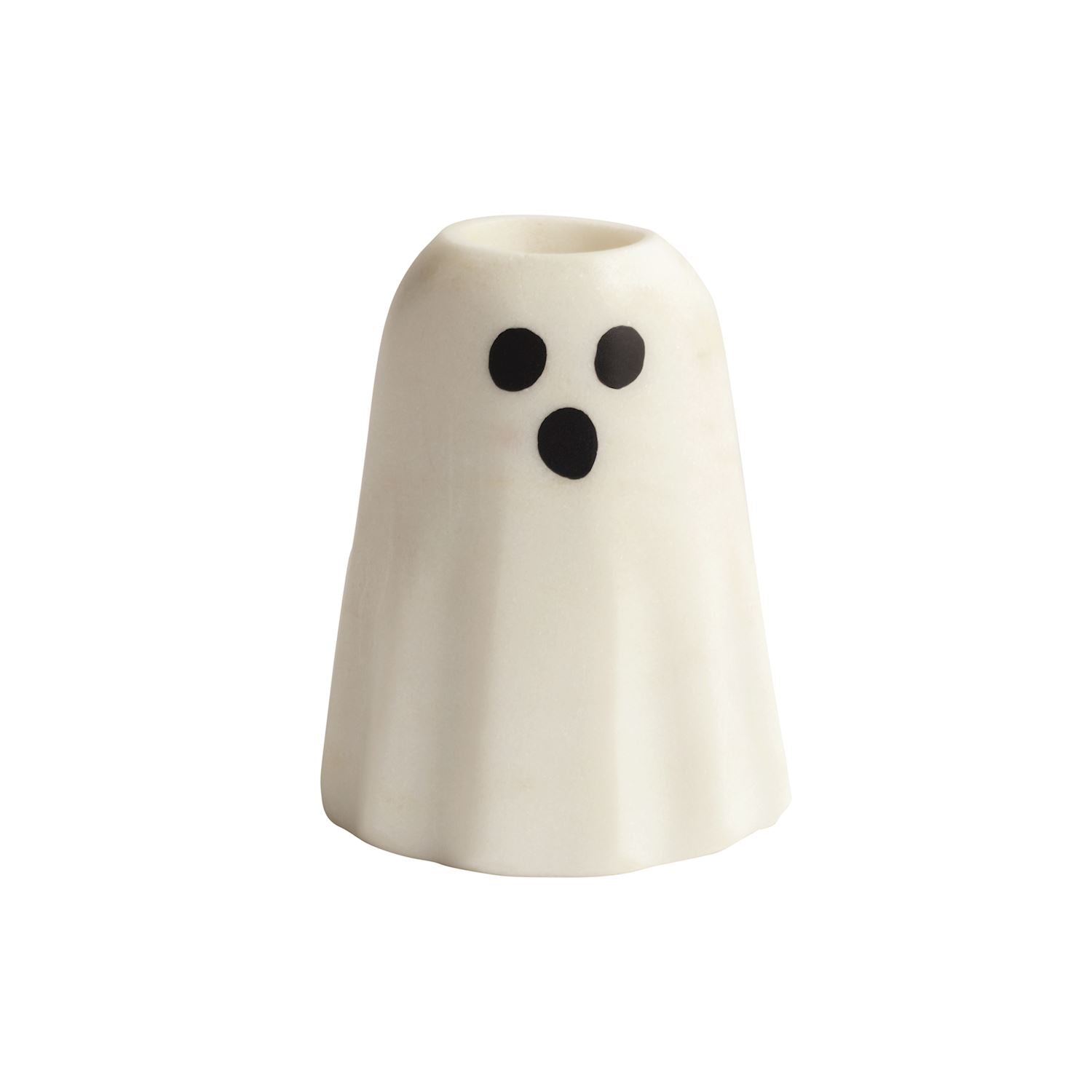 White ghost-shaped candle holder with black eyes on a white background