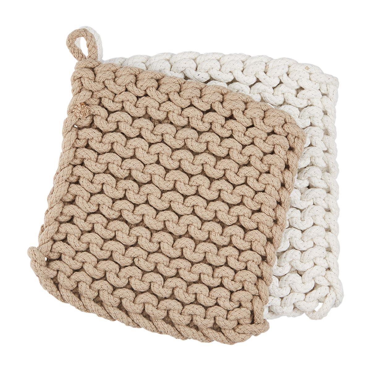 Two crocheted potholders, one beige and one white, on a white background.