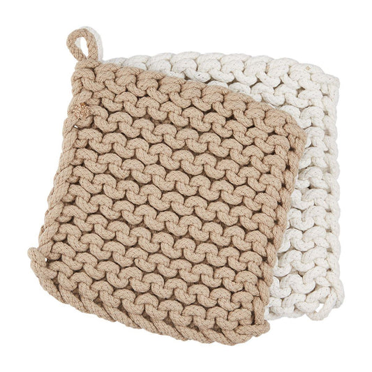 Two crocheted potholders, one beige and one white, on a white background.