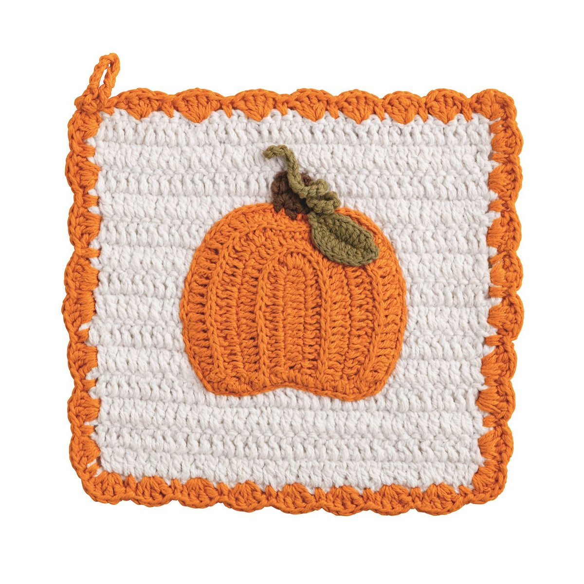 Crocheted pot holder with a pumpkin design on a white background with an orange border