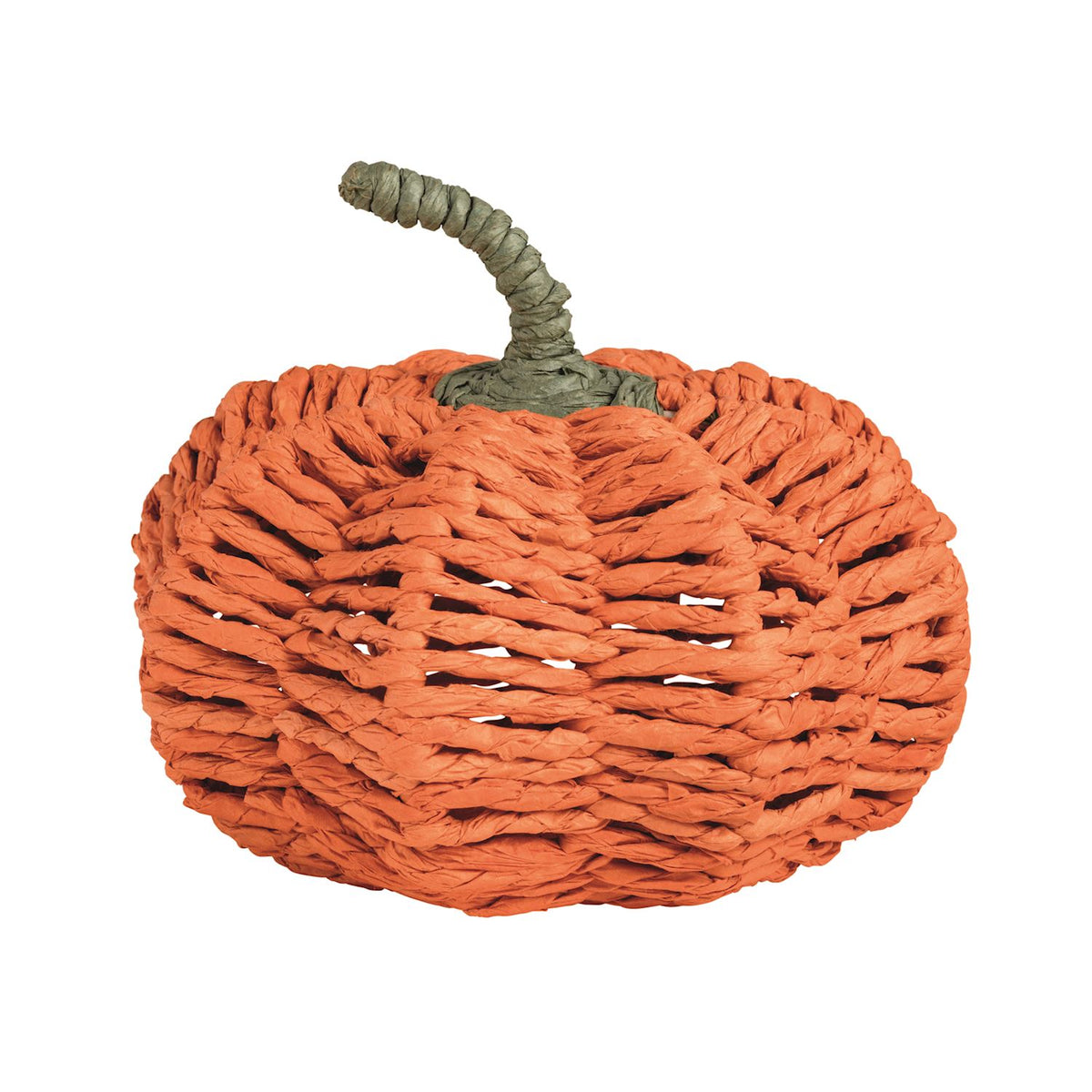 Decorative orange pumpkin made of woven material on a white background
