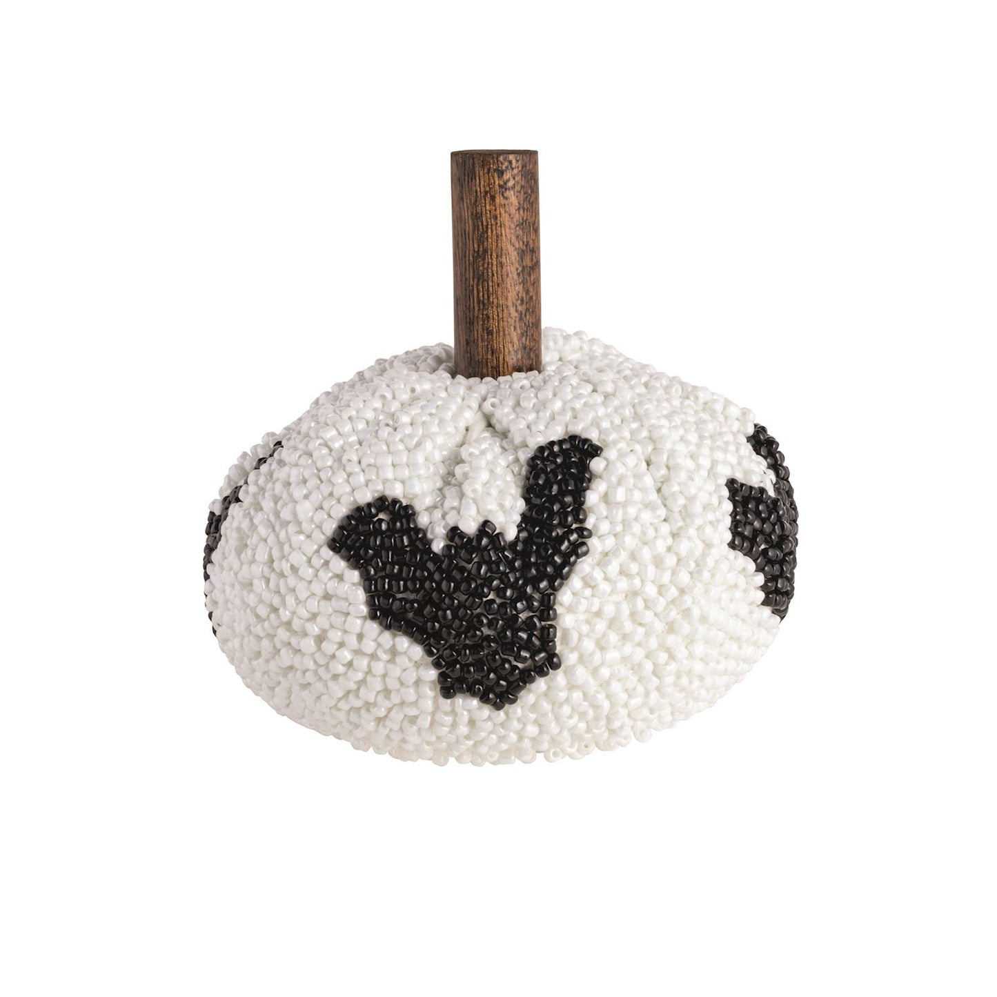 A decorative pumpkin with a textured white beaded body, black bat motifs, and a brown wooden stem, shown on a plain white background.