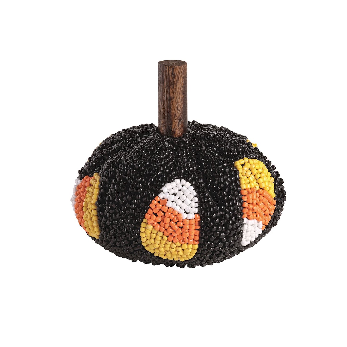 A black beaded pumpkin decoration with a wooden stem, featuring candy corn motifs in orange, white, and yellow on the sides, set against a plain white background.