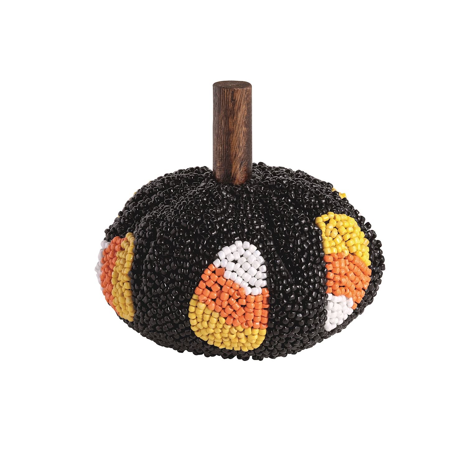 A black beaded pumpkin decoration with a wooden stem, featuring candy corn motifs in orange, white, and yellow on the sides, set against a plain white background.