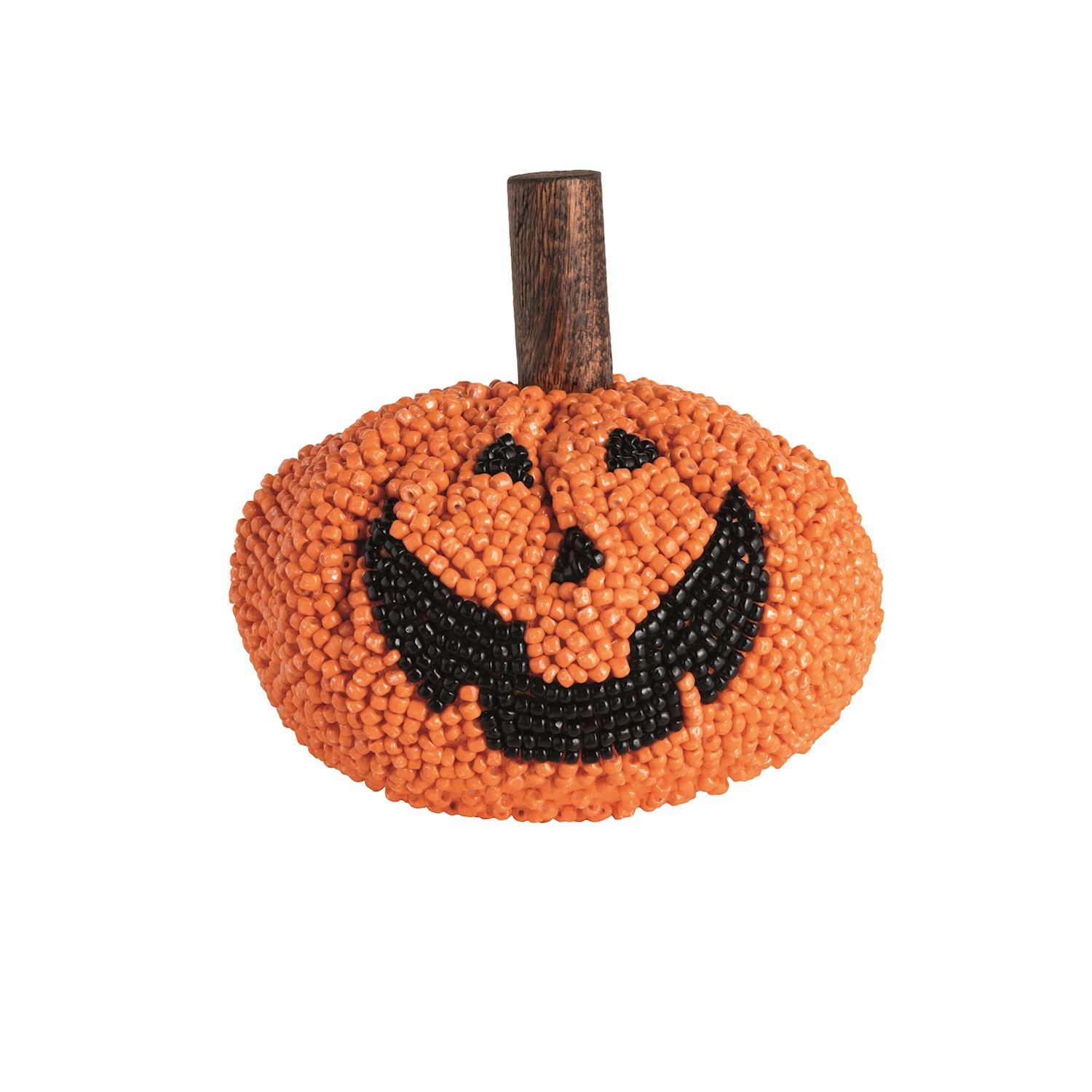 An orange beaded pumpkin with a black jack-o'-lantern face and a brown stem, shown on a plain white background.