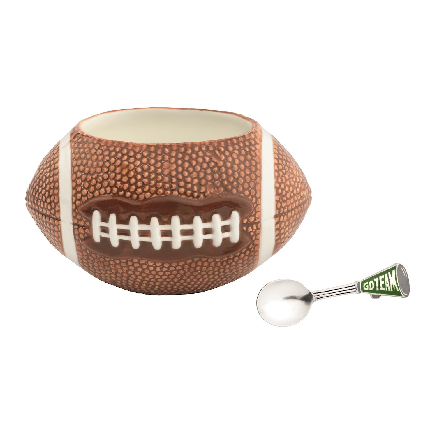 Ceramic football dip dish withwhite laces and stripes and a spoon with a megaphone on the top of the handle
