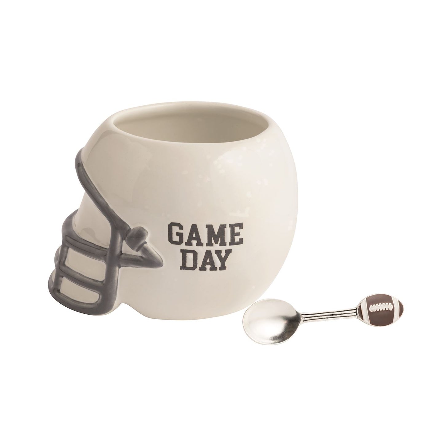Ceramic football helmet dip dish with 'Game Day' text and a spoon with a football on the top of the handle