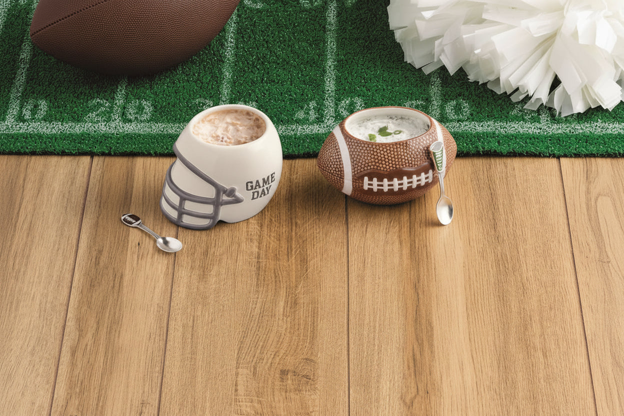 A white helmet and football dip dish with spoons