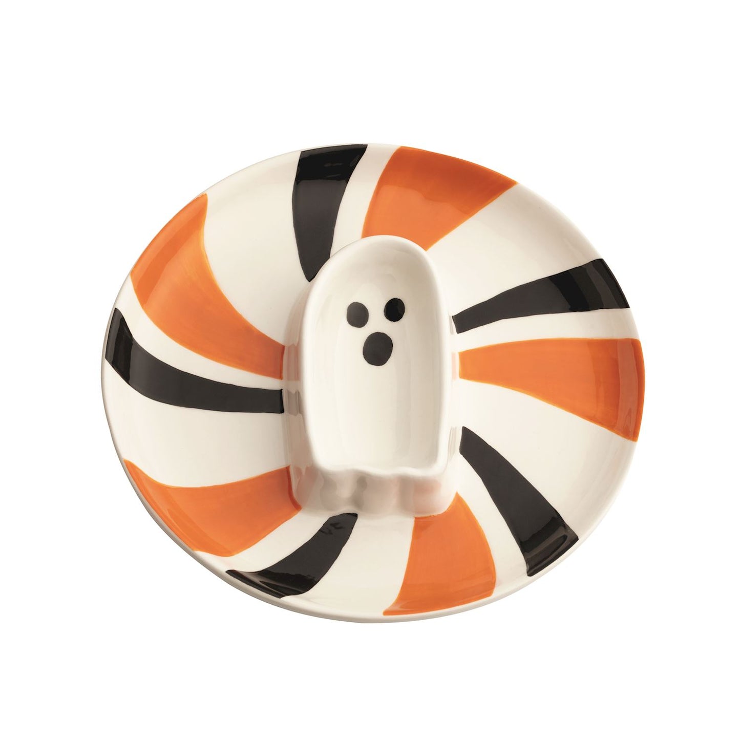 A Halloween-themed ceramic dish with a central ghost-shaped dish, featuring orange, black, and white spiral stripes.