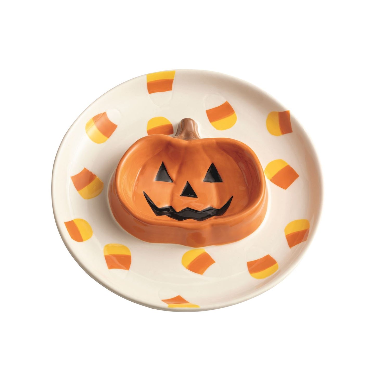 A Halloween-themed ceramic dish with a small orange pumpkin-shaped dish in the center featuring a carved jack-o'-lantern face, surrounded by candy corn motifs on a white background.