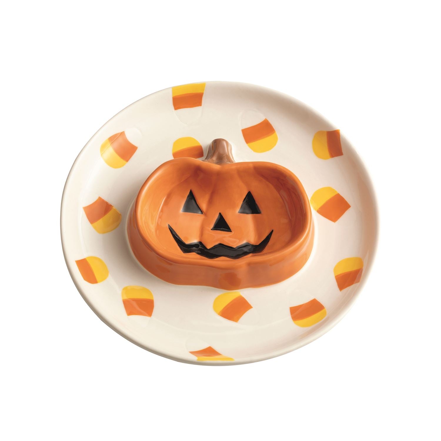 A Halloween-themed ceramic dish with a small orange pumpkin-shaped dish in the center featuring a carved jack-o'-lantern face, surrounded by candy corn motifs on a white background.